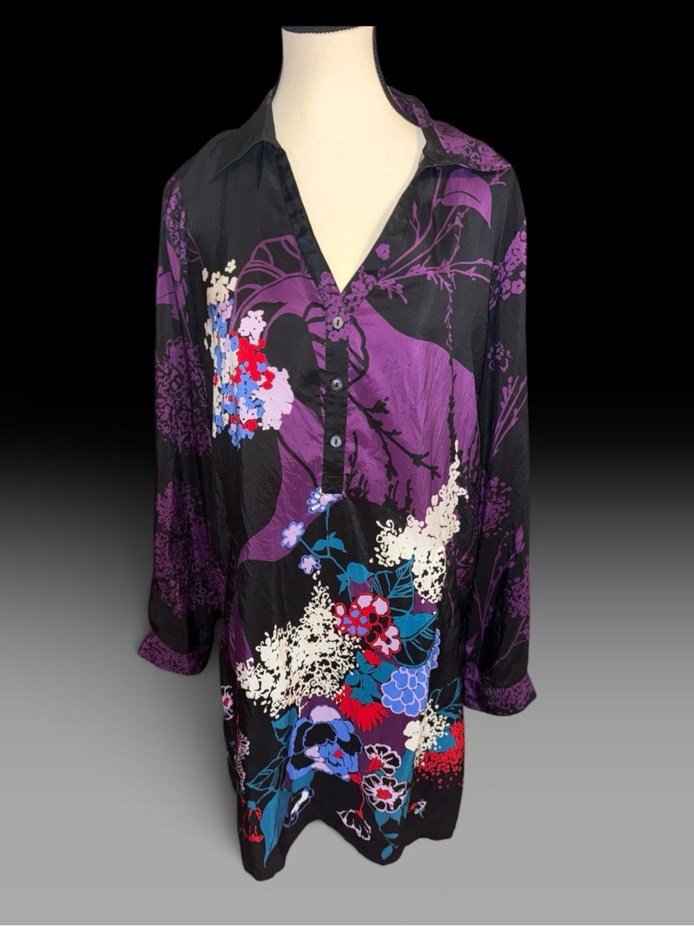 Tori Richard Women M 100% Silk Tunic dress Purple Black Floral Asian Print
